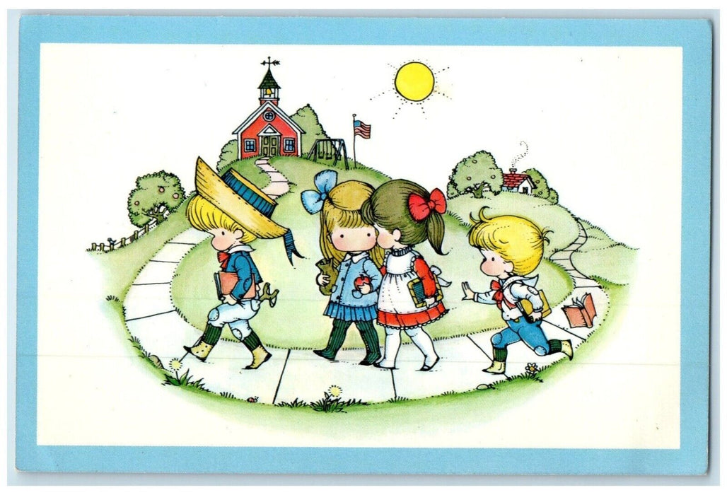 c1980's Children Going To School Sun Scene Fall Joan Walsh Vintage Postcard