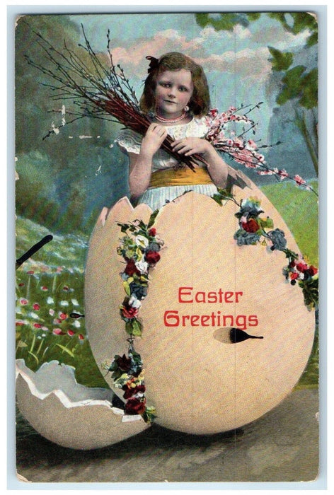 Easter Greetings Girl In Hatched Egg Pipe Berry Flowers Embossed Posted Postcard