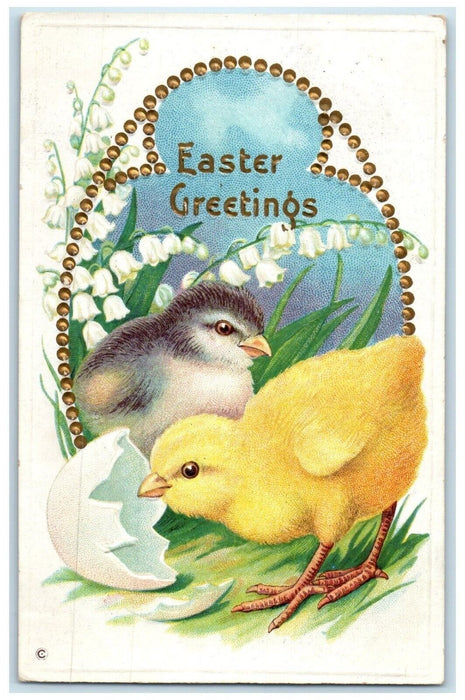 1911 Easter Greetings Chick Hatched Egg Embossed Belleville Kansas KS Postcard