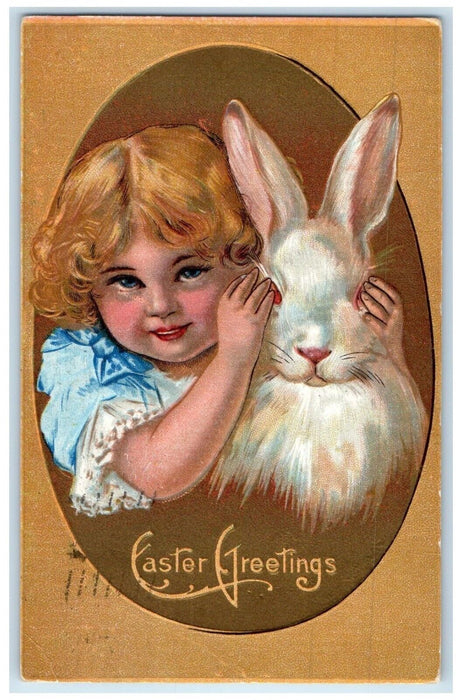 1911 Easter Greetings Cute Girl Bunny Rabbit Embossed Boulder CO Posted Postcard