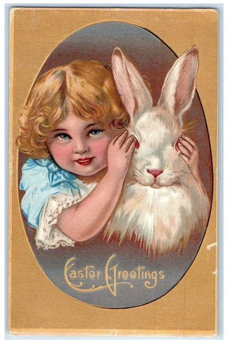 1910 Easter Greetings Cute Girl Bunny Rabbit Embossed Stuttgart KS Postcard