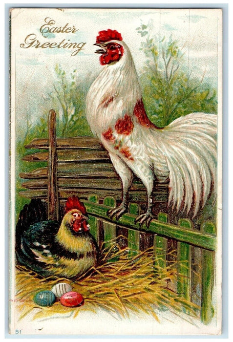 c1910's Easter Greeting Rooster Chicken Lays Egg Embossed Antique Postcard