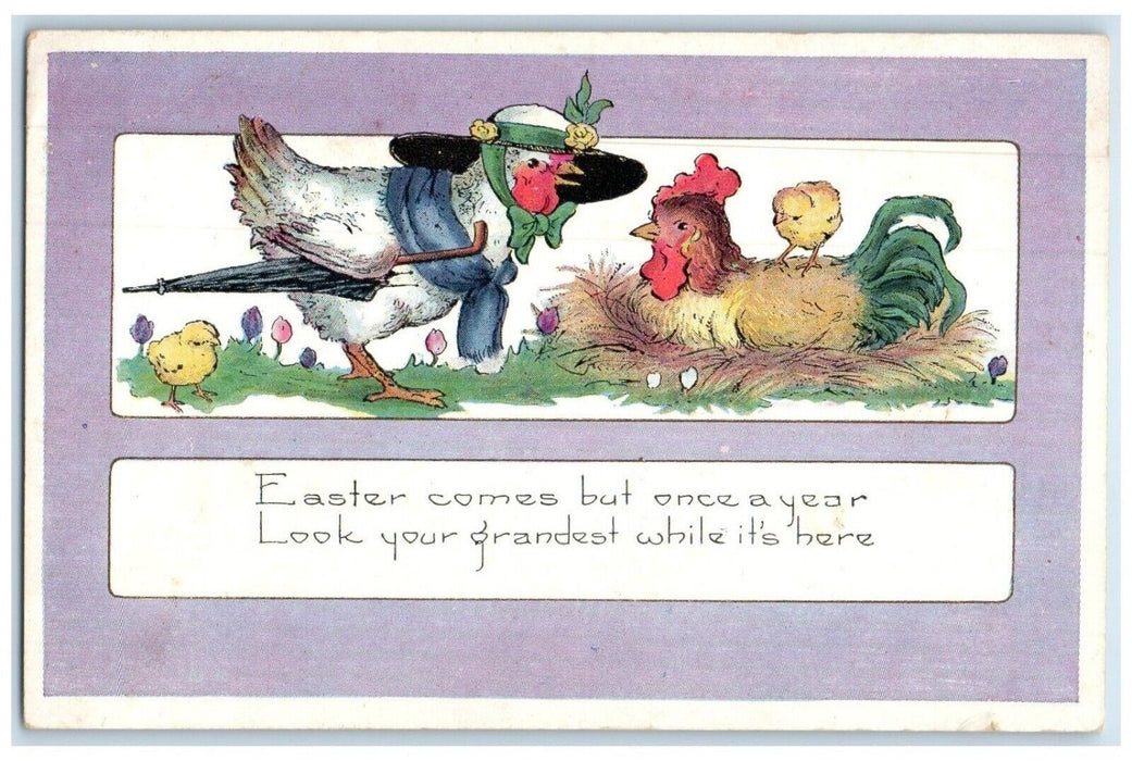 c1910's Easter Anthropomorphic Chicken Hen Chicks Flowers Embossed Postcard