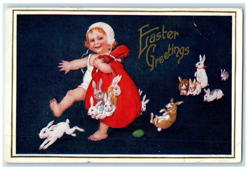 c1910's Easter Greetings Little Girl Bunnies Rabbit Embossed Antique Postcard