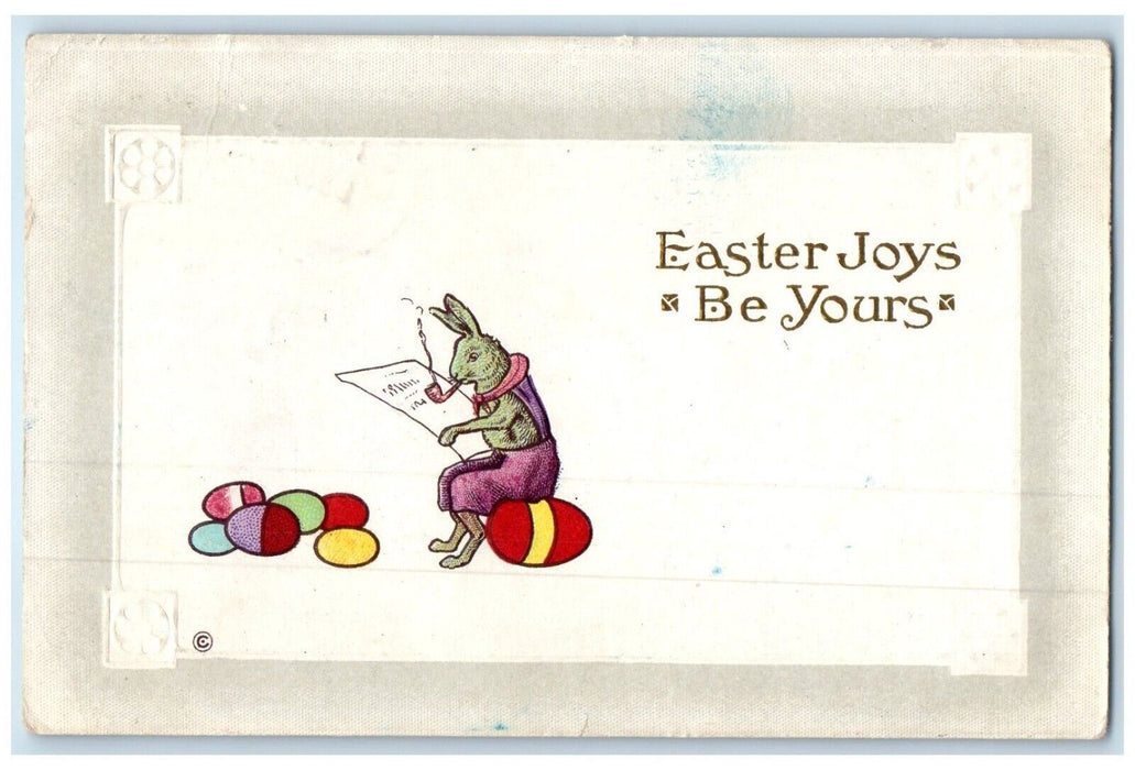 c1910's Easter Joys Anthropomorphic Rabbit Smoking Pipe Eggs Embossed Postcard