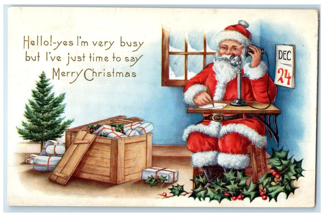 c1910's Merry Christmas Santa Claus Telephone Gifts Holly Berries Postcard