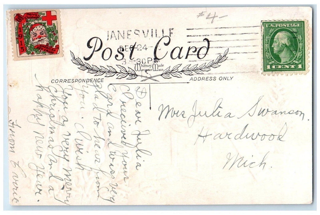 c1910's Merry Christmas Santa Claus Telephone Gifts Holly Berries Postcard