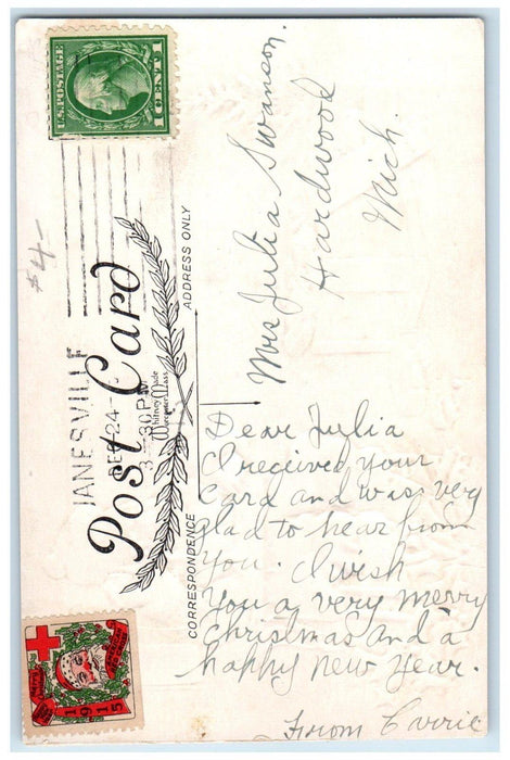 c1910's Merry Christmas Santa Claus Telephone Gifts Holly Berries Postcard
