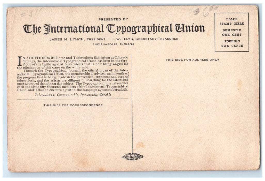1909 Exhibit of International Typographical Union Indianapolis IN Postcard