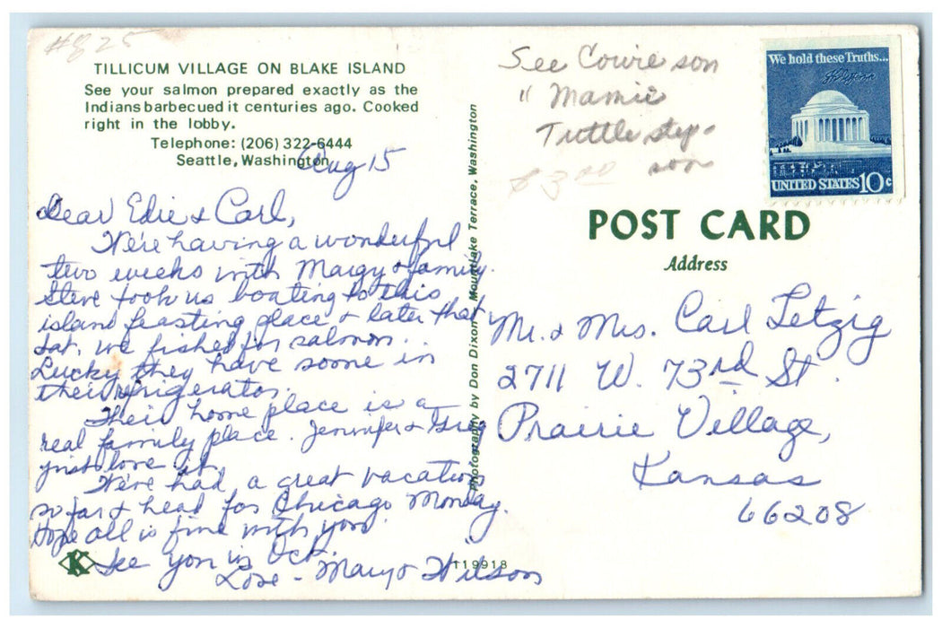 c1950's Tillicum Village on Blake Island Seattle Washington WA Postcard