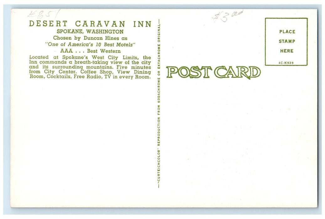 c1950's Desert Caravan Inn Spokane Washington WA Vintage Unposted Postcard