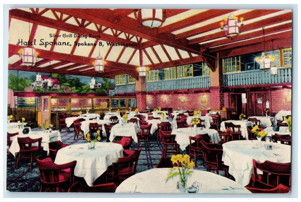 c1950's Silver Grill Dining Room Hotel Spokane Washington WA Vintage Postcard