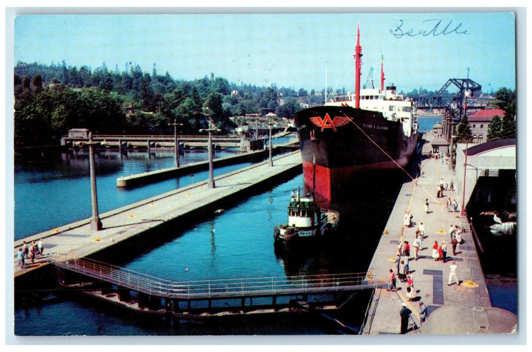 1954 A Giant Tanker Government Locks Seattle Washington WA Posted Postcard