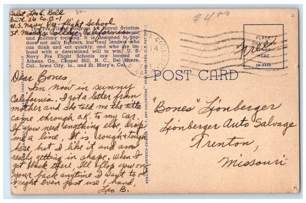 1943 US Navy Pre Flight School Soldier Mail Saint Mary's College CA Postcard