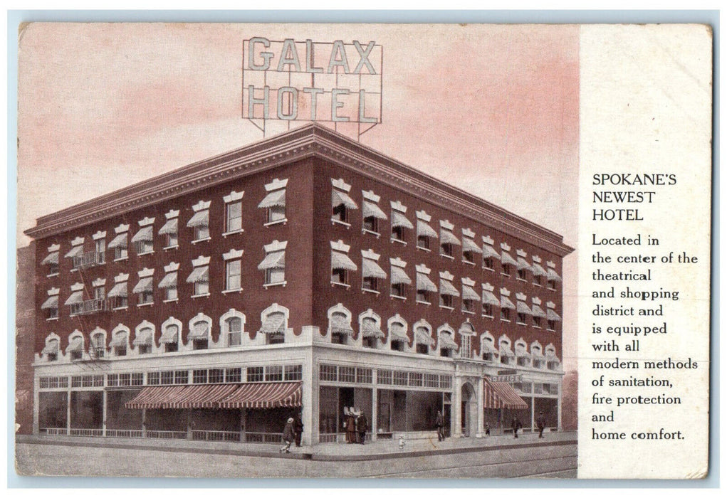 c1910 Galax Hotel Spokane's Newest Hotel Washington WA Unposted Postcard