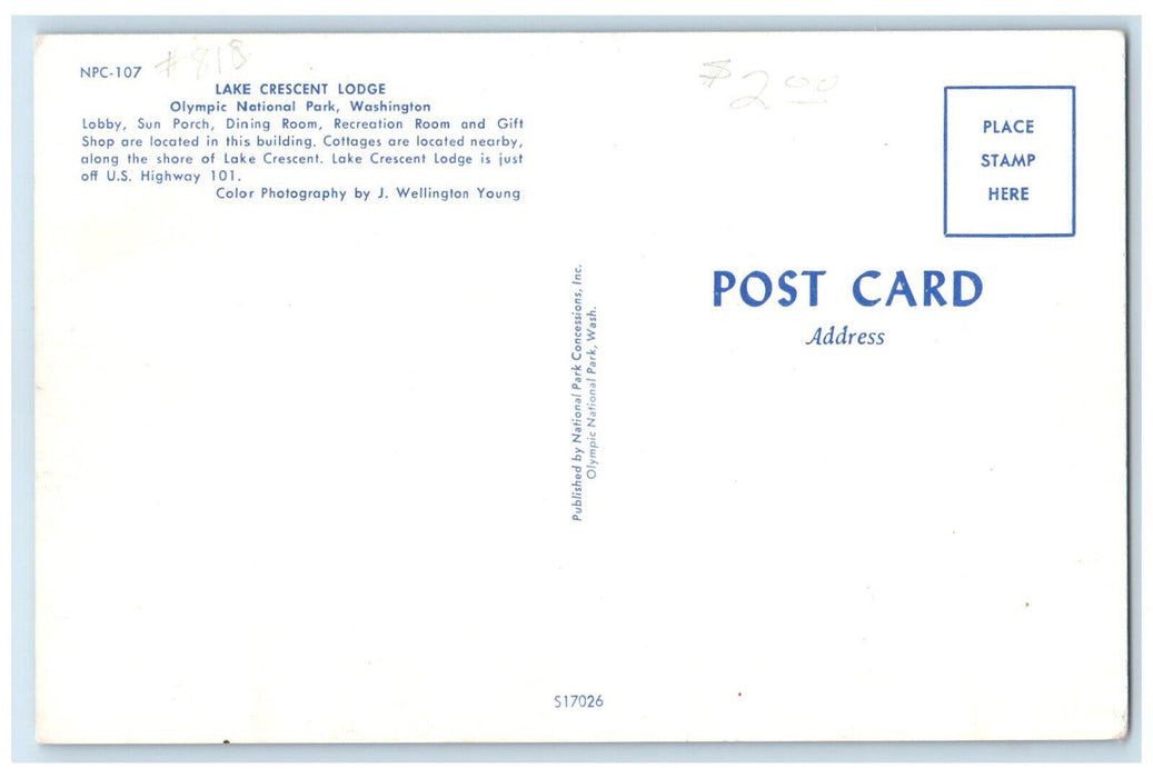 c1960's Lake Crescent Lodge Olympic National Park Washington WA Postcard