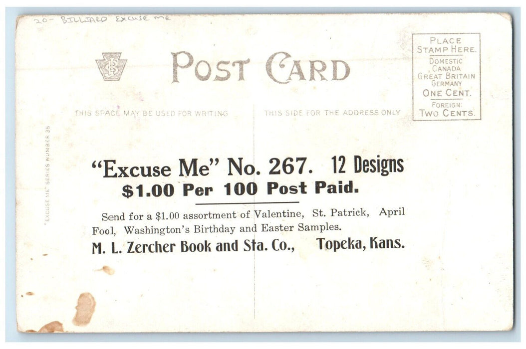 c1910's Man Playing Billiard Excuse Me Advertising Topeka Kansas KS Postcard