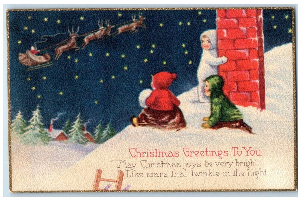 Christmas Greetings Children Chimney Winter Santa Claus Sleigh Antique Postcard