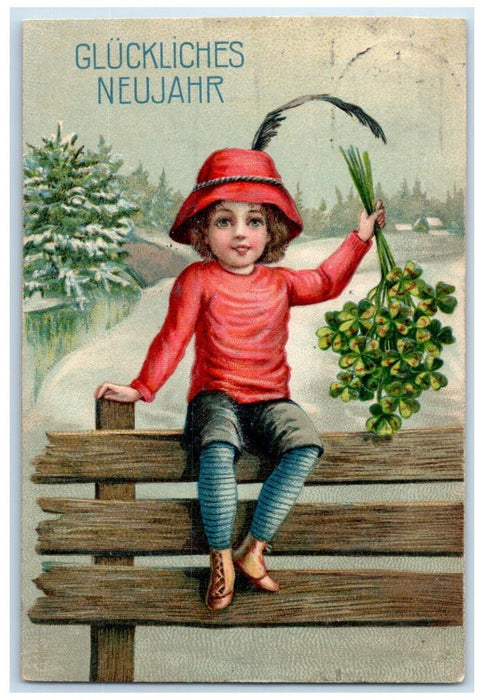 c1910's New Year Little Girl Sat On Fence Shamrock Winter Germany Postcard