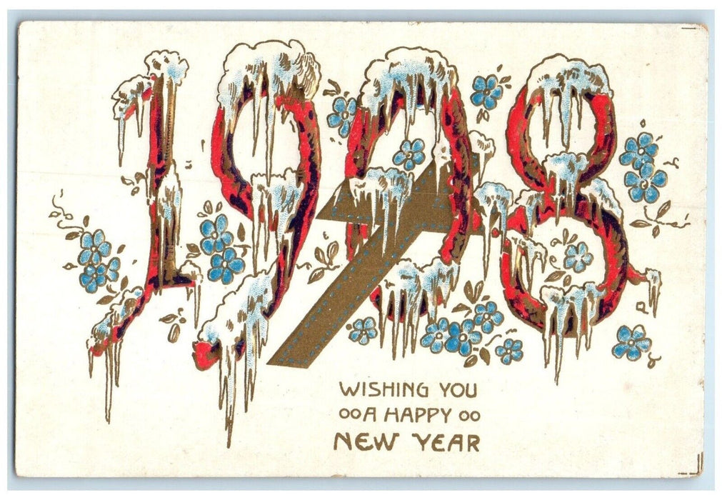 1908 New Year Cross Large Numbers Winter Flowers Embossed Antique Postcard