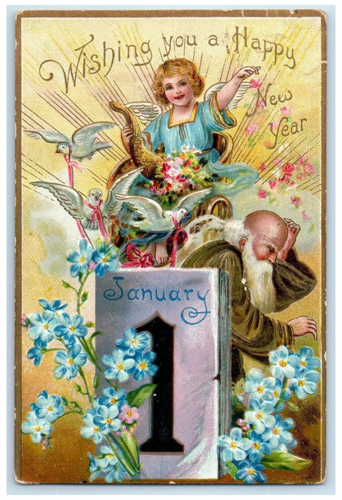 New Year Calendar Father Old Time Angel Cornucopia Flowers Dove Tuck's Postcard