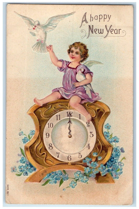 c1910's New Year Angel Clock Dove Pansies Flowers Embossed Rochdale IL Postcard