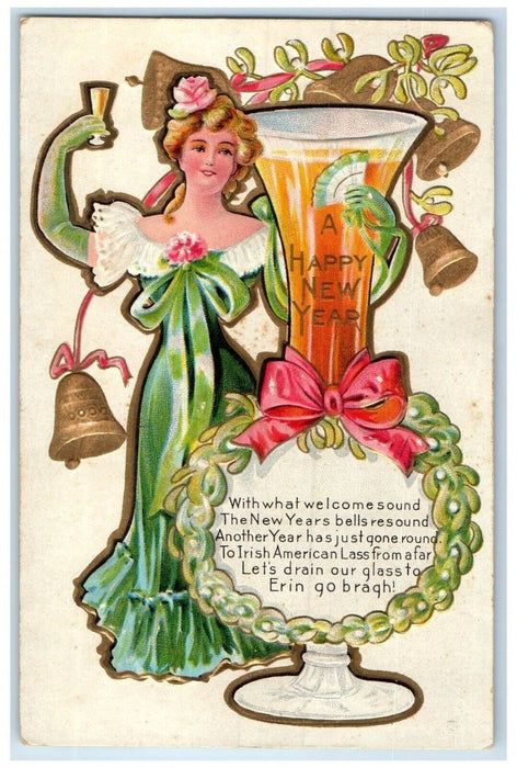 1912 New Year St. Patrick's Day Woman Champagne Ringing Bells Mistletoe Postcard