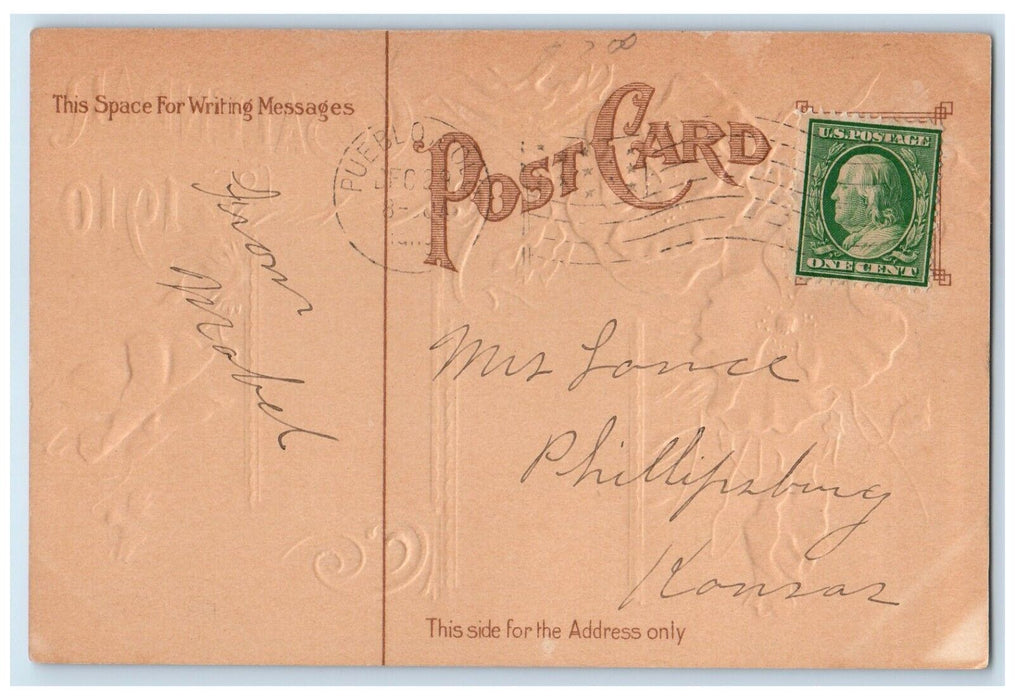 1910 Calendar Red Flowers Calendar Pueblo Colorado CO Embossed Antique Postcard