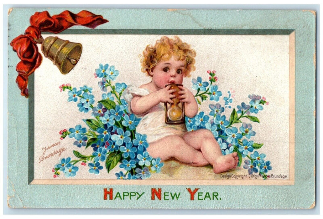 1911 New Year Cute Girl Hourglass Flowers Brundage Bells Terre Haute IN Postcard