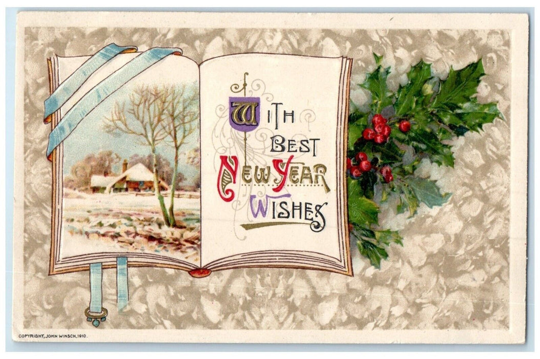 1911 New Year Wishes Book Holly Berries John Winsch Artist Signed Postcard