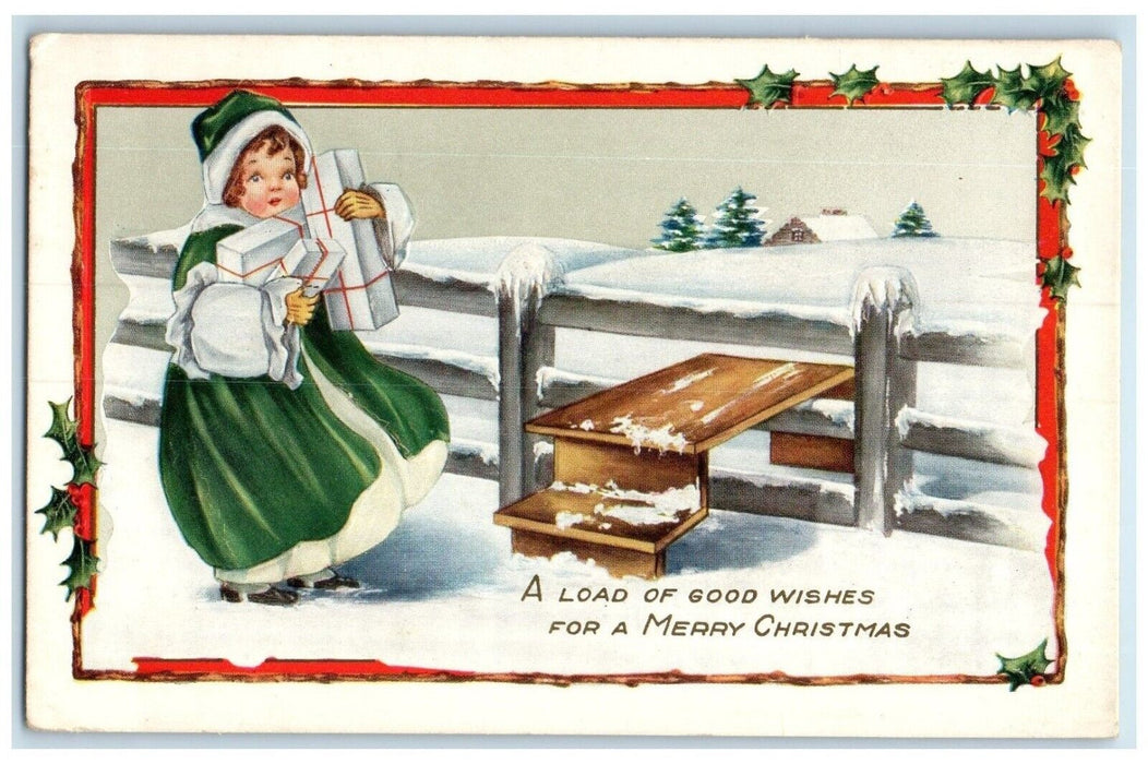 c1910's Merry Christmas Girl Holding Gift Winter Holly Berries Embossed Postcard