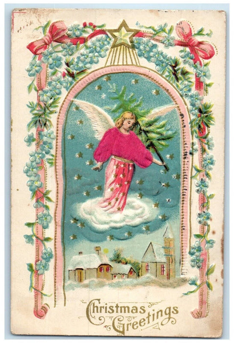 1909 Christmas Greetings Angel Pansies Flowers House Winter Silk Posted Postcard