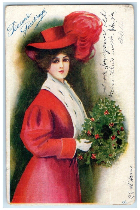 1907 Season's Greetings Pretty Woman Red Dress Holly Berries Marquet KS Postcard