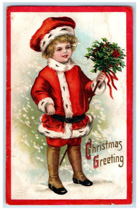 c1910's Christmas Greetings Boy Santa Holly Berries Clapsaddle Antique Postcard