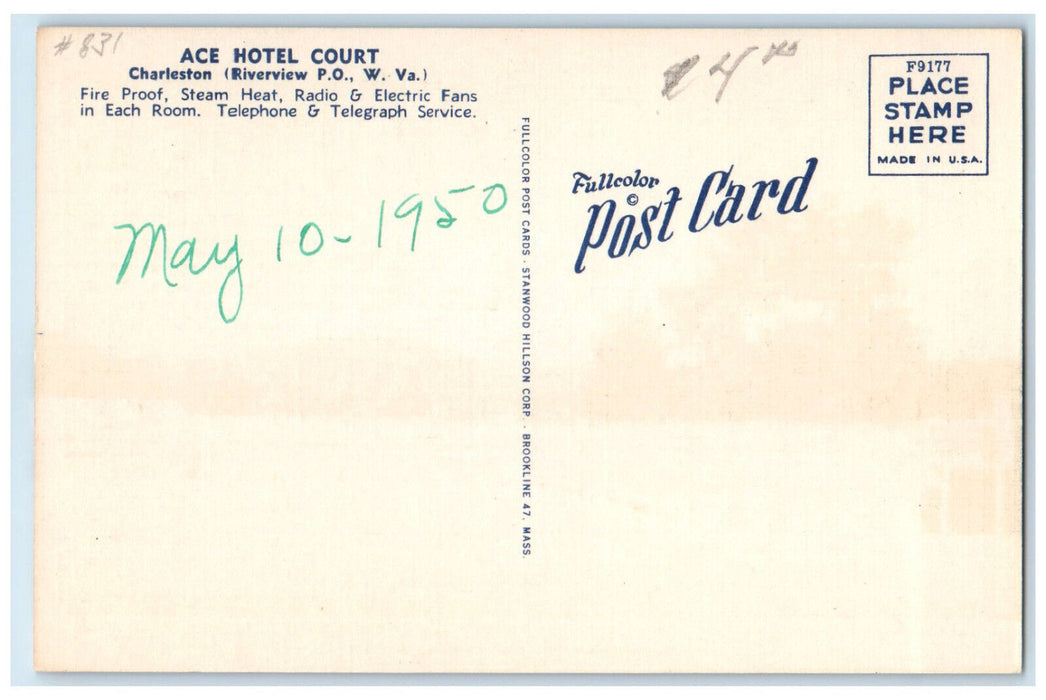 1950 Ace Hotel Court Located on Kanawha Blvd Riverview West Virginia WV Postcard