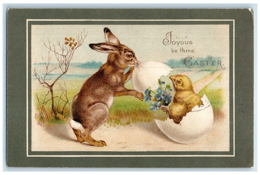 1907 Easter Rabbit Hatched Egg Chick Flowers Smith Center KS Antique Postcard