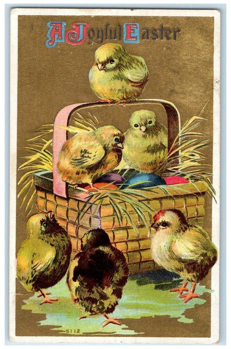 c1910's Easter Chicks And Eggs In Basket Embossed Posted Antique Postcard