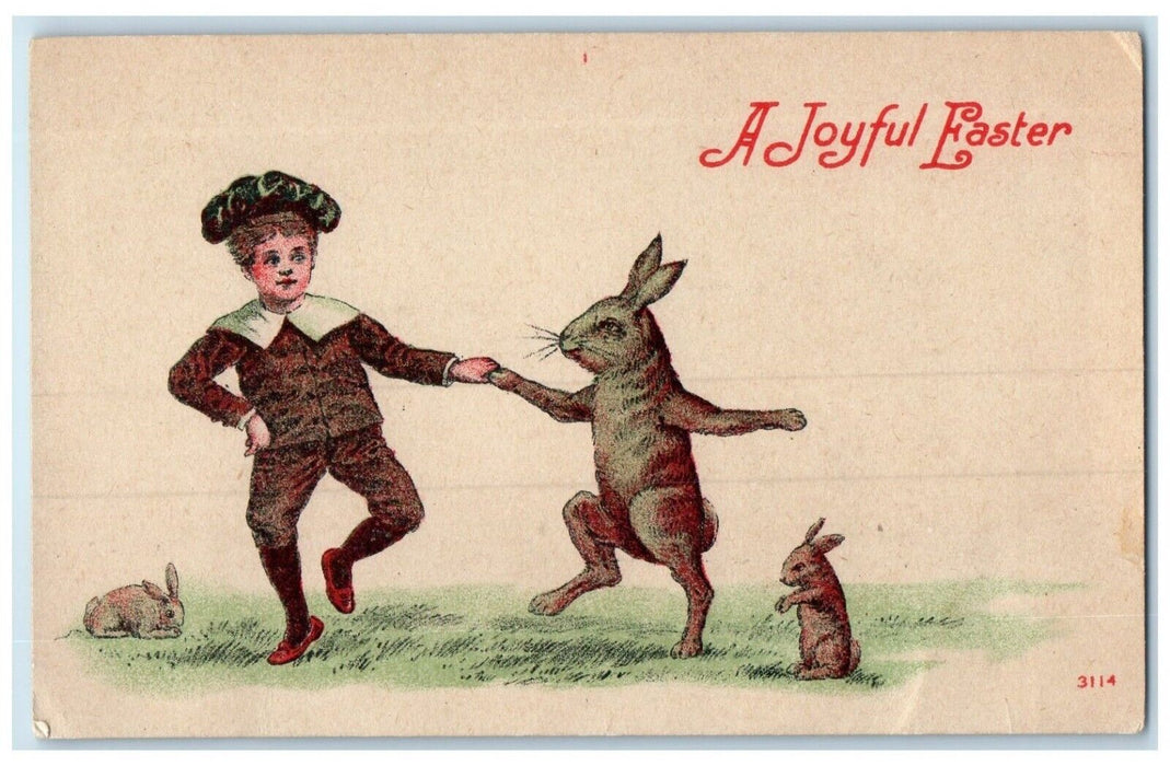 c1910's Joyful Easter Boy Anthropomorphic Bunnies Rabbit Dancing Posted Postcard