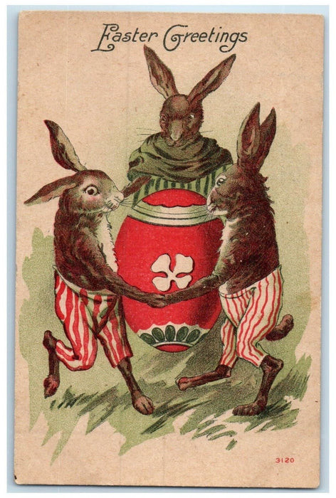 c1910's Easter Greetings Anthropomorphic Rabbit Playing Big Egg Antique Postcard