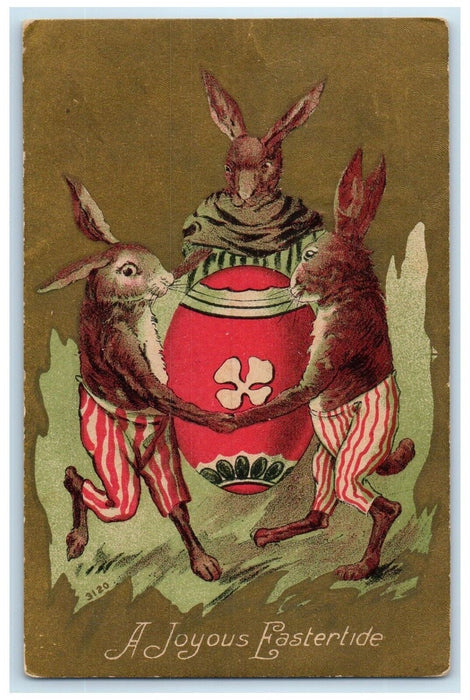 1910 Easter Anthropomorphic Rabbit Playing Big Egg Crancer TX Antique Postcard