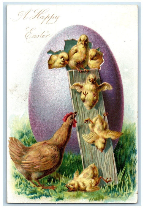 c1905 Easter Giant Egg Hatched Egg Chicks Chicken Hen Embossed Antique Postcard