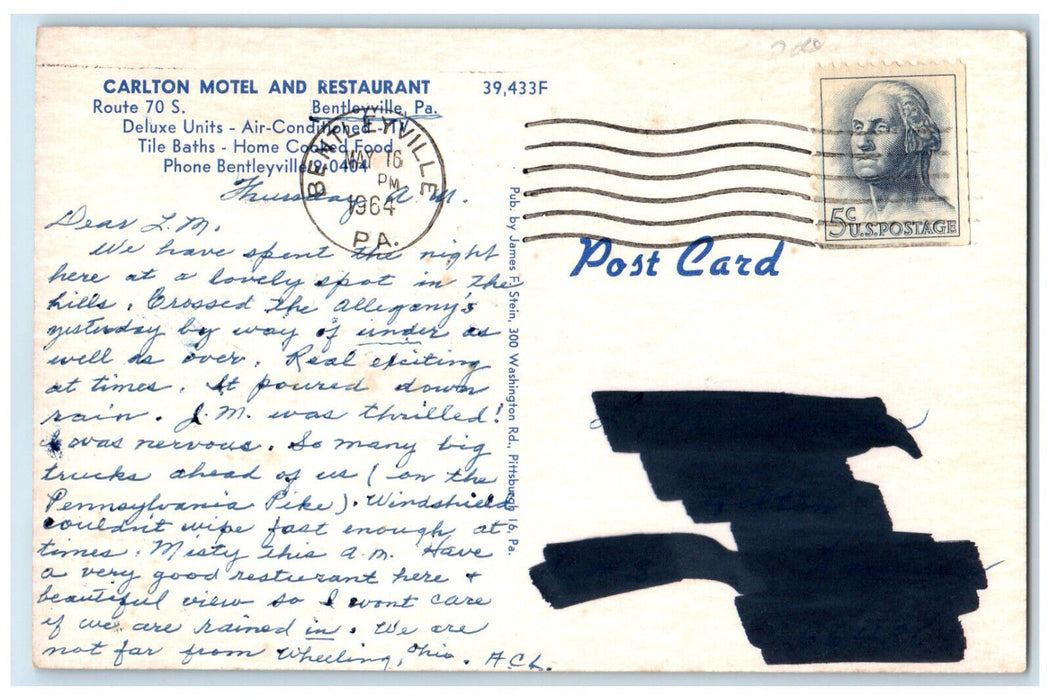 1964 Carlton Motel & Restaurant Bentleyville Pennsylvania PA Multiview Postcard