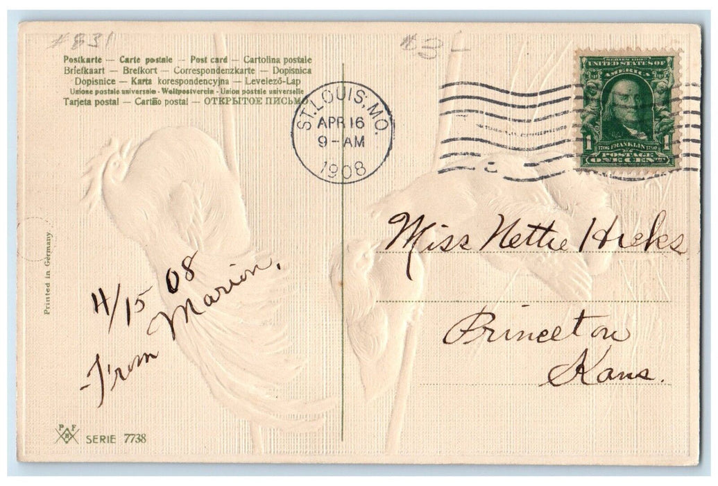 1908 Easter Rooster Chicken Hen Fence Embossed St. Louis MO Antique Postcard