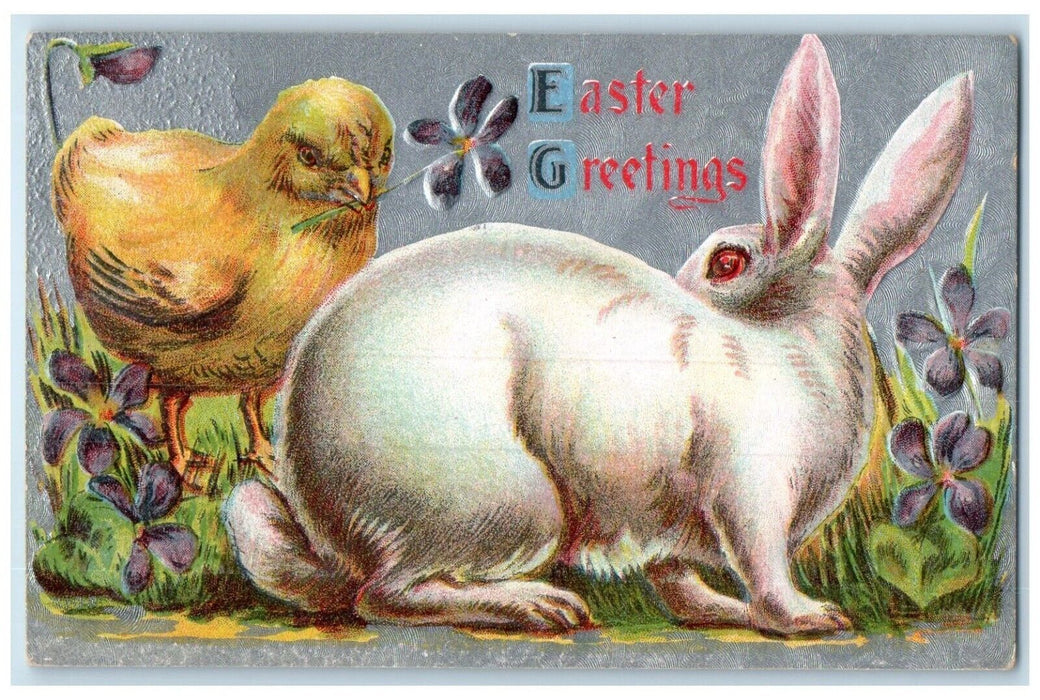 c1910's Easter Greetings Bunny Rabbit Chick Flowers Embossed Antique Postcard