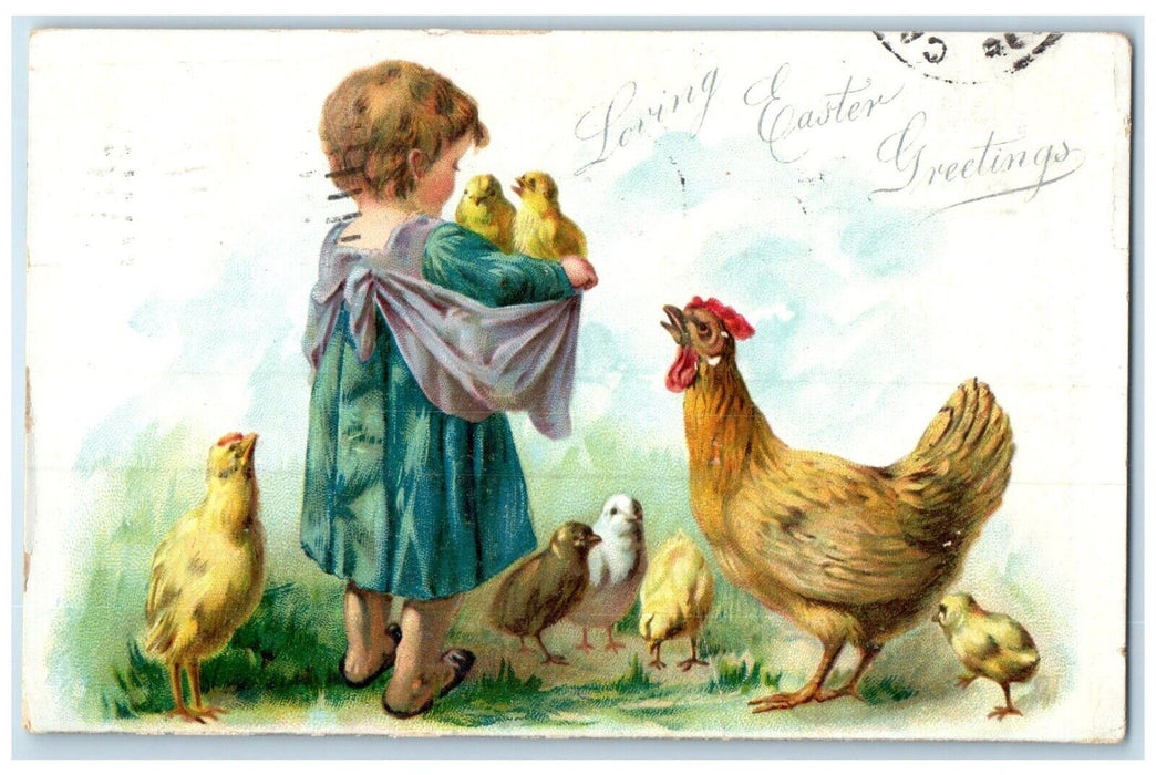 1909 Easter Greetings Little Girl Chicken Hen Chicks Tuck's Topeka KS Postcard