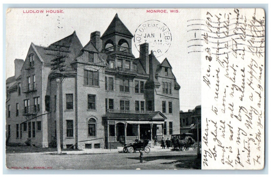 1907 Exterior Ludlow House Building Horse Carriage Monroe Wisconsin WI Postcard