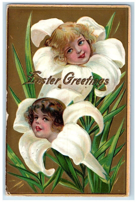 1911 Easter Greetings Cute Little Girl Head Lilies Flowers Embossed Postcard