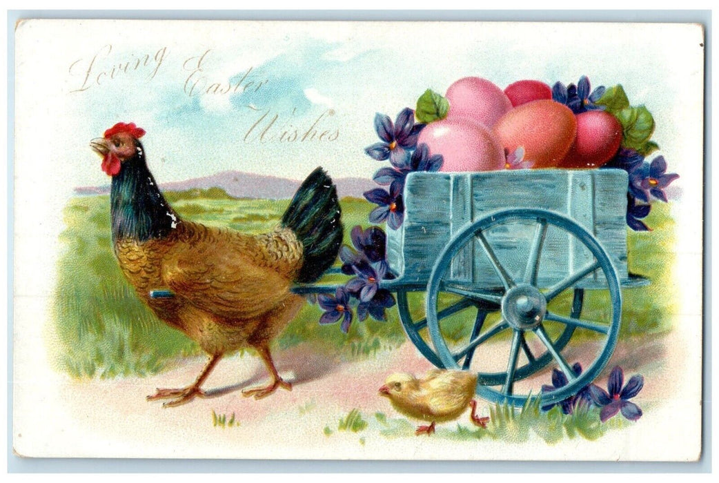 c1905 Easter Wishes Chicken Hen Pulling Wagon Eggs Flowers Embossed Postcard