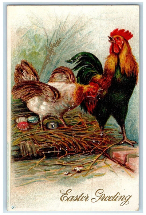 c1910's Easter Greeting Rooster Chicken Hen Eggs Nest Embossed Antique Postcard