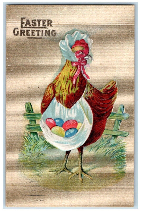 c1910's Easter Greeting Anthropomorphic Chicken Bonnet Eggs Embossed Postcard